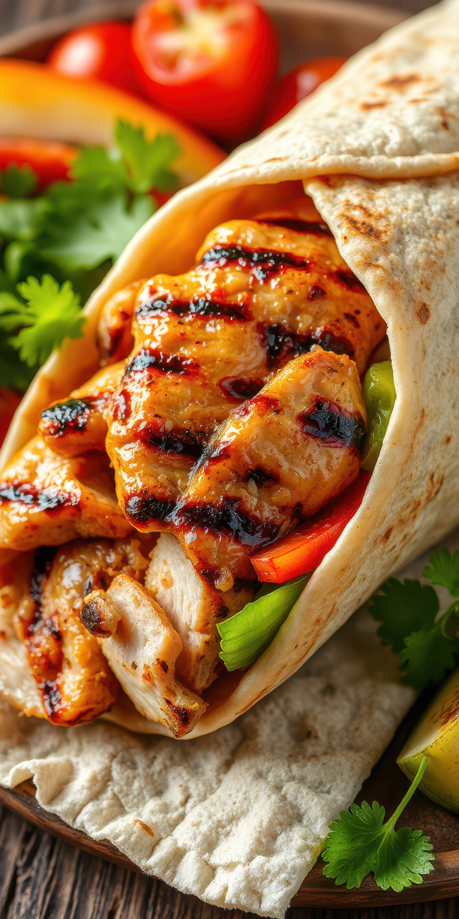 Grilled chicken wrap filled with fresh vegetables served on a wooden table with garnish of herbs